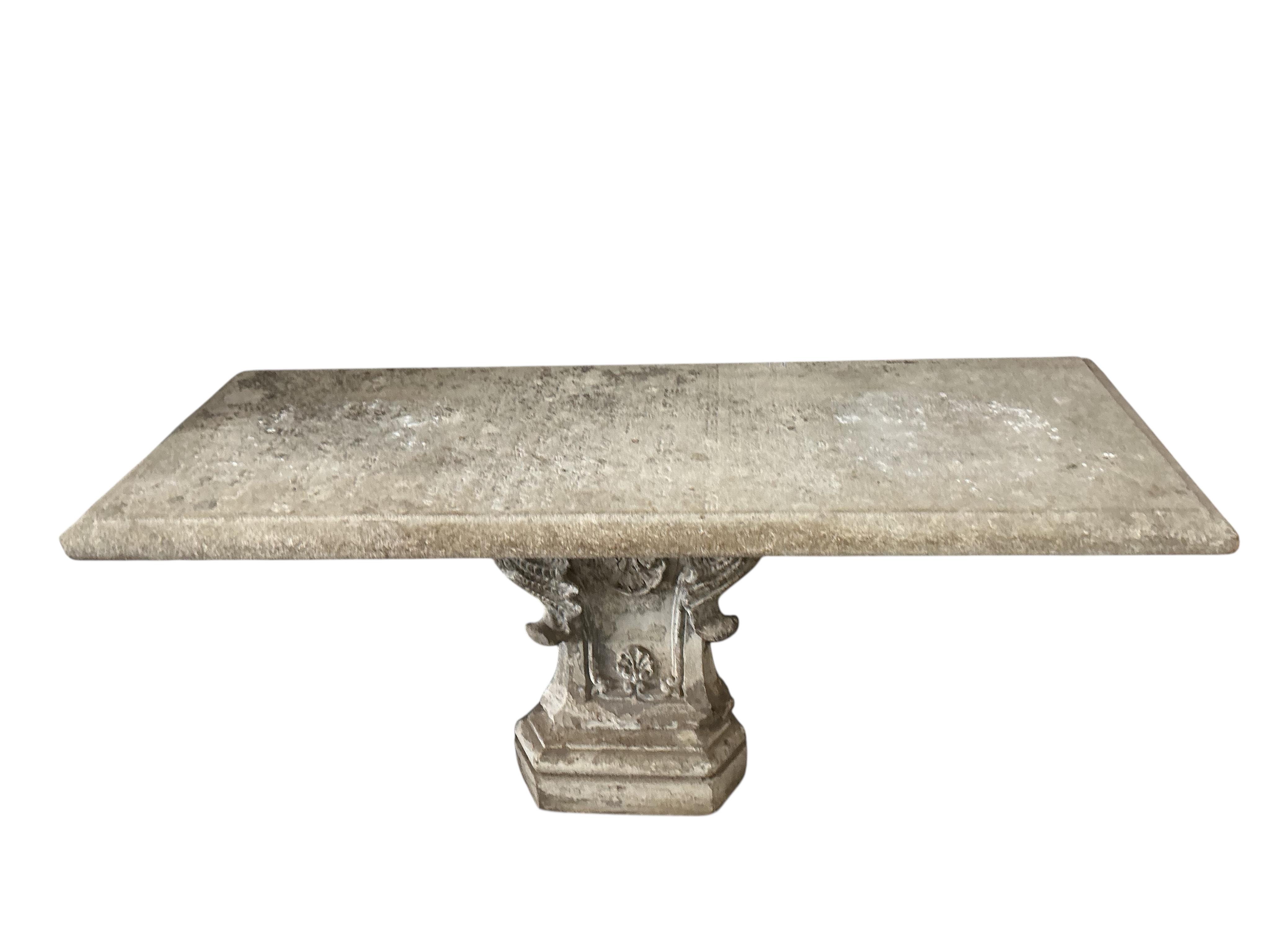 A Victorian tomb stone console table, width 180cm, depth 72cm, height 72cm, Provenance: The late Kenneth Turner (1936-2025), celebrity florist, designer and perfume retailer, he received the Royal Warrant from the Prince